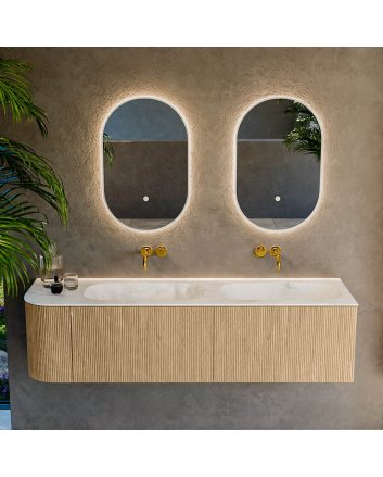 Mondiaz Kurve-Dlux 165cm badmeubel ronding Links kleur Oak met 2 lades en 1 deur. Wastafel Stor small Dubbel / Rechts zonder kraangat Ostra.