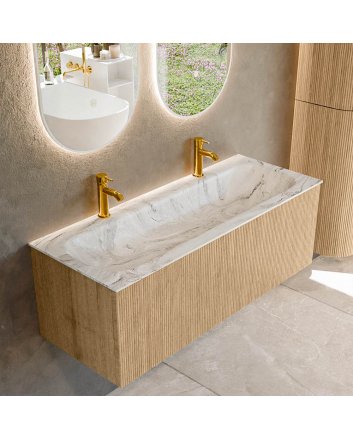 Mondiaz Kurve-Dlux 120cm badmeubel kleur Oak met 1 lade en 0 deuren. Wastafel Big large Midden 2 kraangaten Glace.