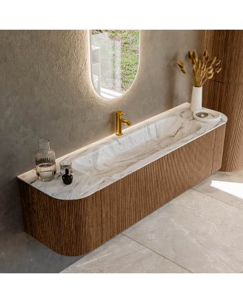 Mondiaz Kurve-Dlux 170cm badmeubel ronding Links + Rechts kleur Walnut met 1 lade en 2 deuren. Wastafel Big large Midden 1 kraangat Glace.