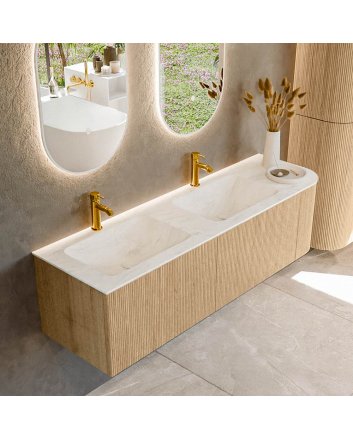 Mondiaz Kurve-Dlux 155cm badmeubel ronding Rechts kleur Oak met 2 lades en 1 deur. Wastafel Leaf Dubbel / Links 2 kraangaten Opalo.