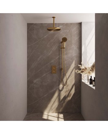 BRAUER Gold Edition thermostatische inbouw regendouche 3-weg omstelling SET 48 met 30 cm douchekop en plafondarm en 3-standen handdouche en doucheslang en geïntegreerde glijstang goud geborsteld PVD