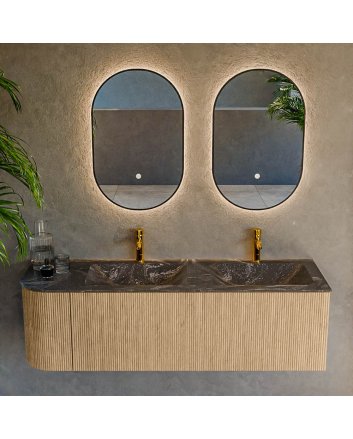 Mondiaz Kurve-Dlux 145cm badmeubel ronding Links kleur Oak met 1 lade en 1 deur. Wastafel Leaf Dubbel / Rechts 2 kraangaten Lava.