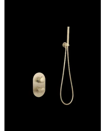 Sani DeLuxe Badset inbouw met box thermostaat, muurbevestiging / doucheslang, staafhanddouche rond Goud Geborsteld met geribbeld knop
