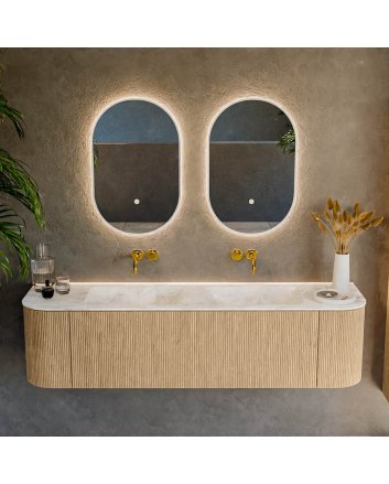Mondiaz Kurve-Dlux 170cm badmeubel ronding Links + Rechts kleur Oak met 1 lade en 2 deuren. Wastafel Leaf Dubbel zonder kraangat Frappe.