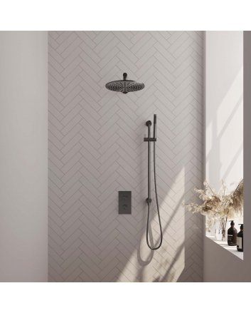 BRAUER Gunmetal Carving thermostatische inbouw regendouche 3-weg omstelling SET 38 met 30 cm douchekop en rechte muurarm en staaf handdouche en doucheslang en geïntegreerde glijstang gunmetal geborsteld PVD