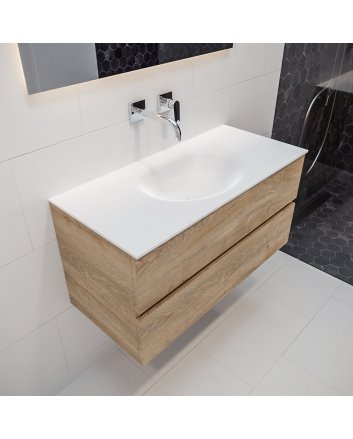 Mondiaz Vica 100 badmeubel washed oak 2 lades Moon midden geen kraangat