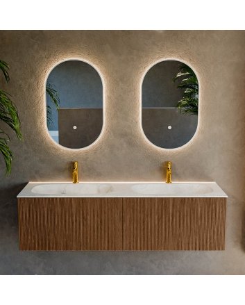 Mondiaz Kurve-Dlux 150cm badmeubel kleur Walnut met 2 lades en 0 deuren. Wastafel Stor small Dubbel 2 kraangaten Opalo.