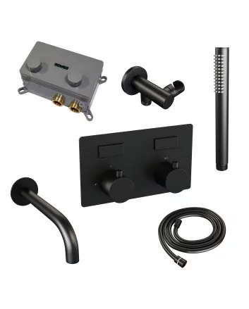 BRAUER Black Edition thermostatische inbouw badkraan met drukknoppen SET 03 met uitloop en staaf handdouche en doucheslang en wandaansluitbocht mat zwart