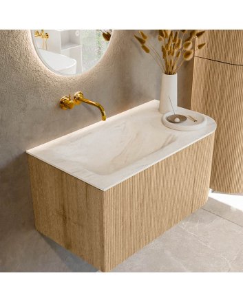 Mondiaz Kurve-Dlux 85cm badmeubel ronding Rechts kleur Oak met 1 lade en 1 deur. Wastafel Cloud Links zonder kraangat Ostra.