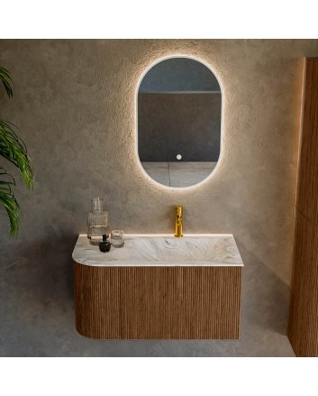 Mondiaz Kurve-Dlux 85cm badmeubel ronding Links kleur Walnut met 1 lade en 1 deur. Wastafel Cloud Rechts 1 kraangat Glace.