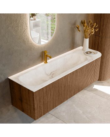 Mondiaz Kurve-Dlux 145cm badmeubel ronding Rechts kleur Walnut met 1 lade en 1 deur. Wastafel Big large Links 1 kraangat Frappe.