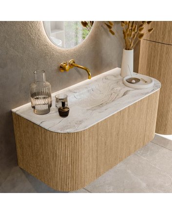 Mondiaz Kurve-Dlux 100cm badmeubel ronding Links + Rechts kleur Oak met 1 lade en 2 deuren. Wastafel Grunne Midden zonder kraangat Glace.