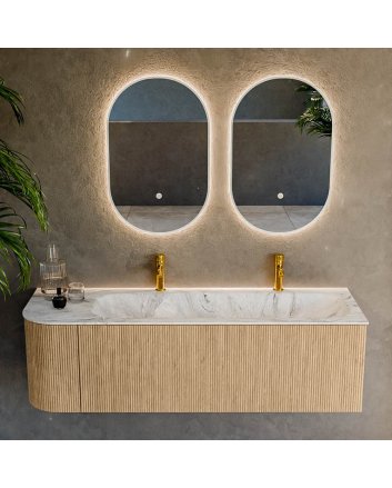 Mondiaz Kurve-Dlux 145cm badmeubel ronding Links kleur Oak met 1 lade en 1 deur. Wastafel Big large Rechts 2 kraangaten Glace.