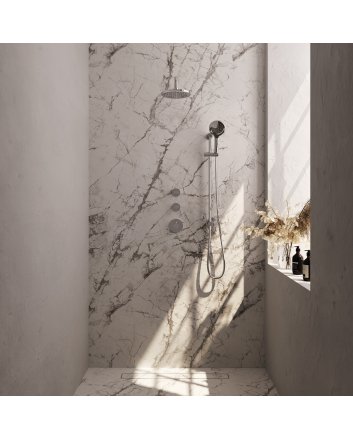 BRAUER Chrome Edition thermostatische inbouw regendouche SET 21 met 20 cm douchekop en gebogen muurarm en 3-standen handdouche en doucheslang en geïntegreerde glijstang chroom