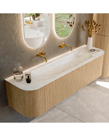 Mondiaz Kurve-Dlux 170cm badmeubel ronding Links + Rechts kleur Oak met 1 lade en 2 deuren. Wastafel Big large Midden zonder kraangat Ostra.