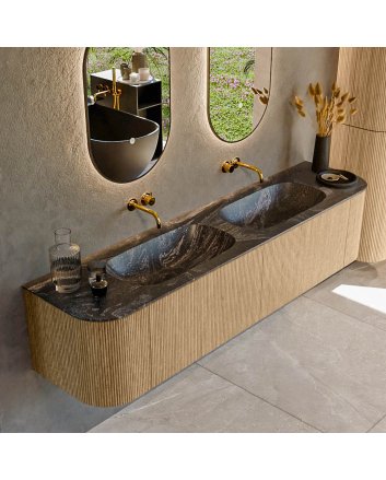 Mondiaz Kurve-Dlux 190cm badmeubel ronding Links + Rechts kleur Oak met 2 lades en 2 deuren. Wastafel Stor small Dubbel zonder kraangat Lava.