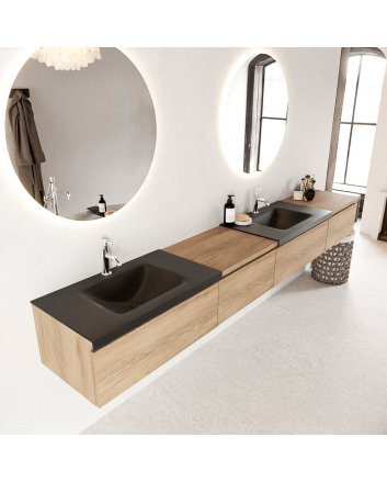 Mondiaz Bukla 280cm badmeubel met module 60 links kleur Washed Oak met 4 lades. Wastafel Cloud dubbel 2 kraangaten kleur Urban.