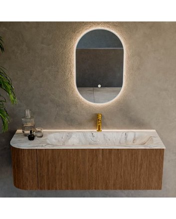 Mondiaz Kurve-Dlux 135cm badmeubel ronding Links kleur Walnut met 1 lade en 1 deur. Wastafel Big medium Rechts 1 kraangat Glace.
