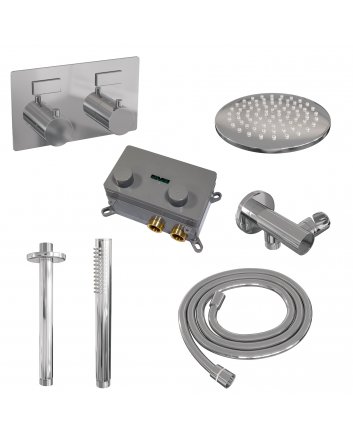 BRAUER Chrome Edition thermostatische inbouw regendouche met drukknoppen SET 53 met 20 cm douchekop en plafondarm en staaf handdouche en doucheslang en wandaansluitbocht chroom