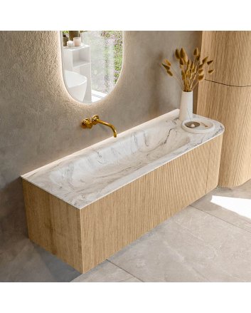 Mondiaz Kurve-Dlux 135cm badmeubel ronding Rechts kleur Oak met 1 lade en 1 deur. Wastafel Big medium Links zonder kraangat Glace.