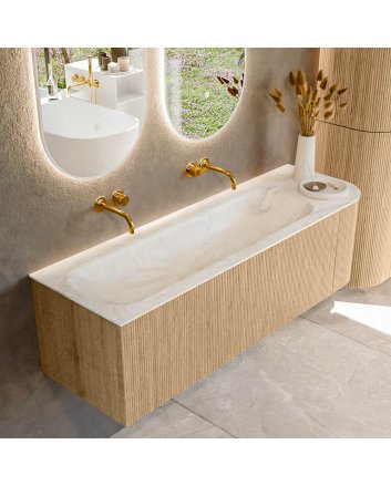 Mondiaz Kurve-Dlux 145cm badmeubel ronding Rechts kleur Oak met 1 lade en 1 deur. Wastafel Big large Links zonder kraangat Ostra.
