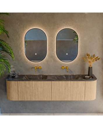 Mondiaz Kurve-Dlux 180cm badmeubel ronding Links + Rechts kleur Oak met 2 lades en 2 deuren. Wastafel Leaf Dubbel zonder kraangat Lava.