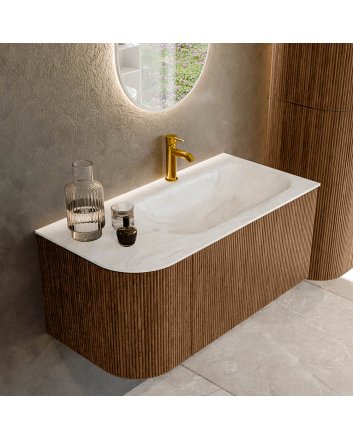Mondiaz Kurve-Dlux 95cm badmeubel ronding Links kleur Walnut met 1 lade en 1 deur. Wastafel Big small Rechts 1 kraangat Ostra.