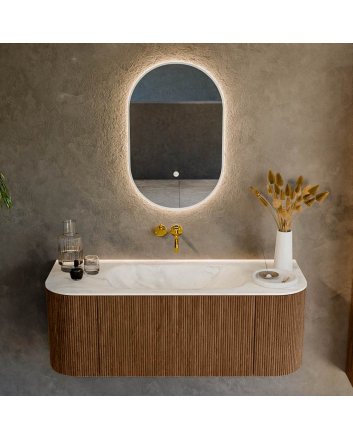 Mondiaz Kurve-Dlux 120cm badmeubel ronding Links + Rechts kleur Walnut met 1 lade en 2 deuren. Wastafel Big small Midden zonder kraangat Ostra.