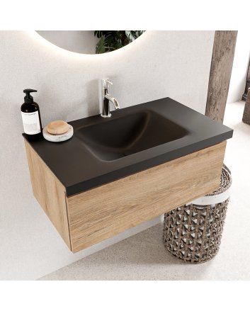 Mondiaz Bukla 80cm badmeubel modulair kleur Washed Oak met 1 lade. Wastafel Cloud midden 1 kraangat kleur Urban.