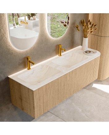 Mondiaz Kurve-Dlux 145cm badmeubel ronding Rechts kleur Oak met 1 lade en 1 deur. Wastafel Leaf Dubbel / Links 2 kraangaten Ostra.