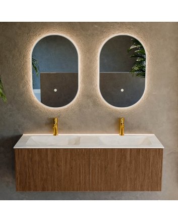 Mondiaz Kurve-Dlux 130cm badmeubel kleur Walnut met 2 lades en 0 deuren. Wastafel Leaf Dubbel 2 kraangaten Opalo.