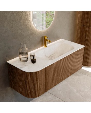 Mondiaz Kurve-Dlux 115cm badmeubel ronding Links kleur Walnut met 1 lade en 1 deur. Wastafel Big small Rechts 1 kraangat Frappe.