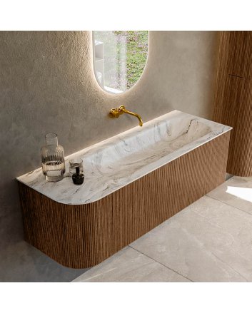 Mondiaz Kurve-Dlux 135cm badmeubel ronding Links kleur Walnut met 1 lade en 1 deur. Wastafel Big medium Rechts zonder kraangat Glace.
