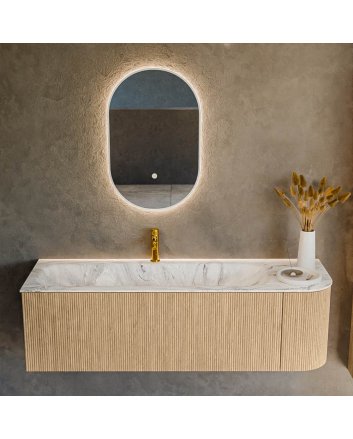 Mondiaz Kurve-Dlux 145cm badmeubel ronding Rechts kleur Oak met 1 lade en 1 deur. Wastafel Big large Links 1 kraangat Glace.