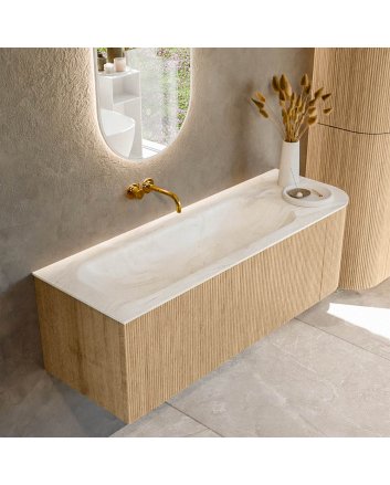 Mondiaz Kurve-Dlux 135cm badmeubel ronding Rechts kleur Oak met 1 lade en 1 deur. Wastafel Big medium Links zonder kraangat Ostra.