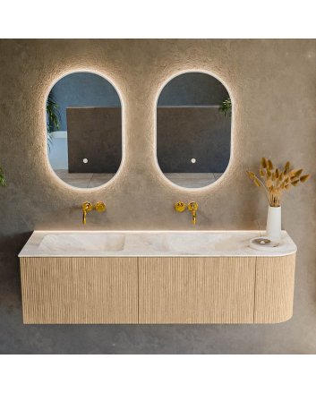 Mondiaz Kurve-Dlux 155cm badmeubel ronding Rechts kleur Oak met 2 lades en 1 deur. Wastafel Leaf Dubbel / Links zonder kraangat Frappe.