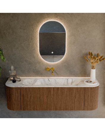 Mondiaz Kurve-Dlux 150cm badmeubel ronding Links + Rechts kleur Walnut met 1 lade en 2 deuren. Wastafel Big medium Midden zonder kraangat Glace.