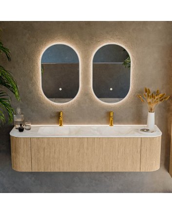Mondiaz Kurve-Dlux 170cm badmeubel ronding Links + Rechts kleur Oak met 1 lade en 2 deuren. Wastafel Leaf Dubbel 2 kraangaten Ostra.