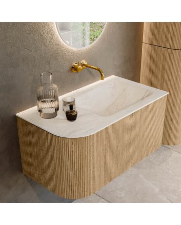 Mondiaz Kurve-Dlux 85cm badmeubel ronding Links kleur Oak met 1 lade en 1 deur. Wastafel Cloud Rechts zonder kraangat Ostra.