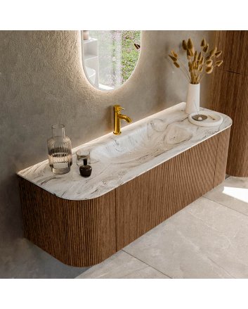 Mondiaz Kurve-Dlux 140cm badmeubel ronding Links + Rechts kleur Walnut met 1 lade en 2 deuren. Wastafel Big small Midden 1 kraangat Glace.
