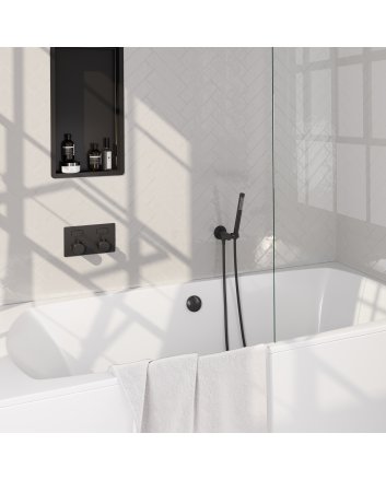 BRAUER Black Edition thermostatische inbouw badkraan met drukknoppen SET 03 met badvulcombinatie en staaf handdouche en doucheslang en wandaansluitbocht mat zwart