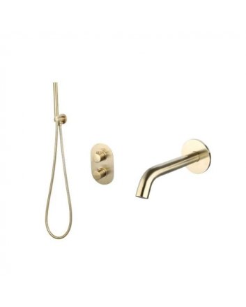 Sani DeLuxe Badset inbouw met box thermostaat, muurbevestiging / doucheslang, staafhanddouche rond Goud Geborsteld