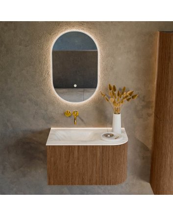 Mondiaz Kurve-Dlux 75cm badmeubel ronding Rechts kleur Walnut met 1 lade en 1 deur. Wastafel Grunne Links zonder kraangat Ostra.