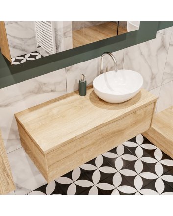 Mondiaz Lush 100 badmeubel washed oak 1 lades wastafel Barco rechts 1 kraangat