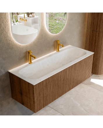 Mondiaz Kurve-Dlux 120cm badmeubel kleur Walnut met 1 lade en 0 deuren. Wastafel Big large Midden 2 kraangaten Opalo.