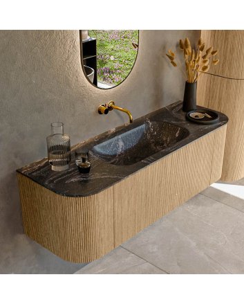 Mondiaz Kurve-Dlux 140cm badmeubel ronding Links + Rechts kleur Oak met 1 lade en 2 deuren. Wastafel Big small Midden zonder kraangat Lava.