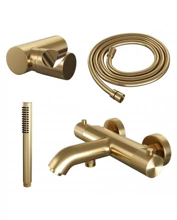 BRAUER Gold Carving opbouw baddouche thermostaatkraan SET 03 met wandhouder en staaf handdouche en doucheslang goud geborsteld PVD