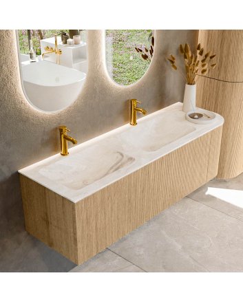 Mondiaz Kurve-Dlux 145cm badmeubel ronding Rechts kleur Oak met 1 lade en 1 deur. Wastafel Leaf Dubbel / Links 2 kraangaten Frappe.