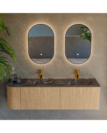 Mondiaz Kurve-Dlux 155cm badmeubel ronding Links kleur Oak met 2 lades en 1 deur. Wastafel Leaf Dubbel / Rechts 2 kraangaten Lava.