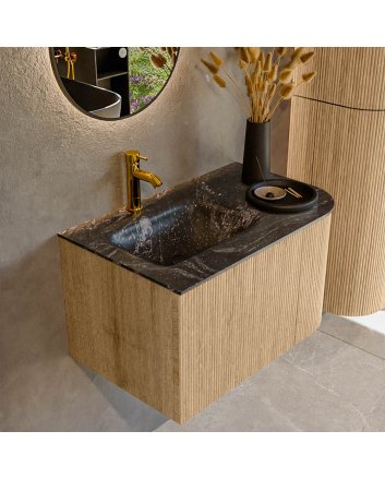 Mondiaz Kurve-Dlux 75cm badmeubel ronding Rechts kleur Oak met 1 lade en 1 deur. Wastafel Grunne Links 1 kraangat Lava.